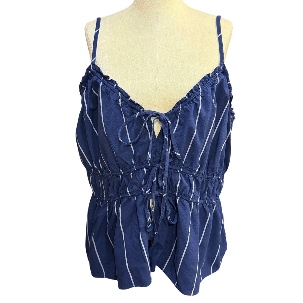 Ava & Viv 2X Striped Peplum Cami Top Navy Blue Tie Front Boho Summer Cottagecore